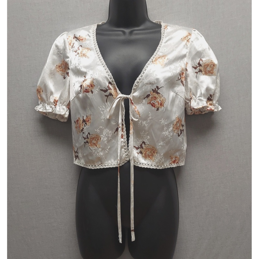 Womens Floral Satin Crop Top Jacquard Tie Front Cottagecore Coquette Romantic